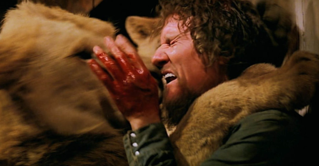 Noel Marshall bleeding for real amongst angry lions, from the movie Roar (1981)