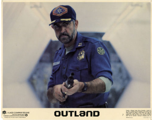 Lobby card featuring Sean Connery in a scene from Outland, 1981