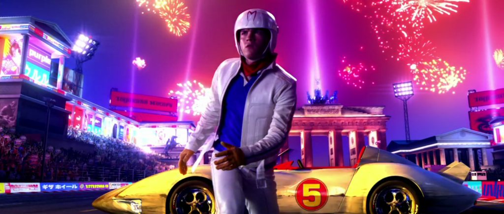 Emile Hirsch as Speed Racer emerges from the Mach 5 in a candy-colored still from the 2008 film