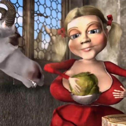 A grotesque woman produces a cabbage from her massive cleavage while a goat looks on
